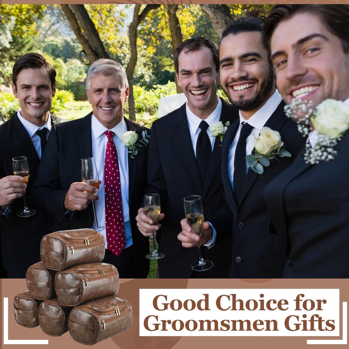Aliceset 6 Pcs Groomsmen Gift Groomsmen Toiletry Bags Set of 6 Leather Toiletry Bag for Men with Hook Leather Wedding Proposal Bag with Side Handle Father Gift(Dark Brown)