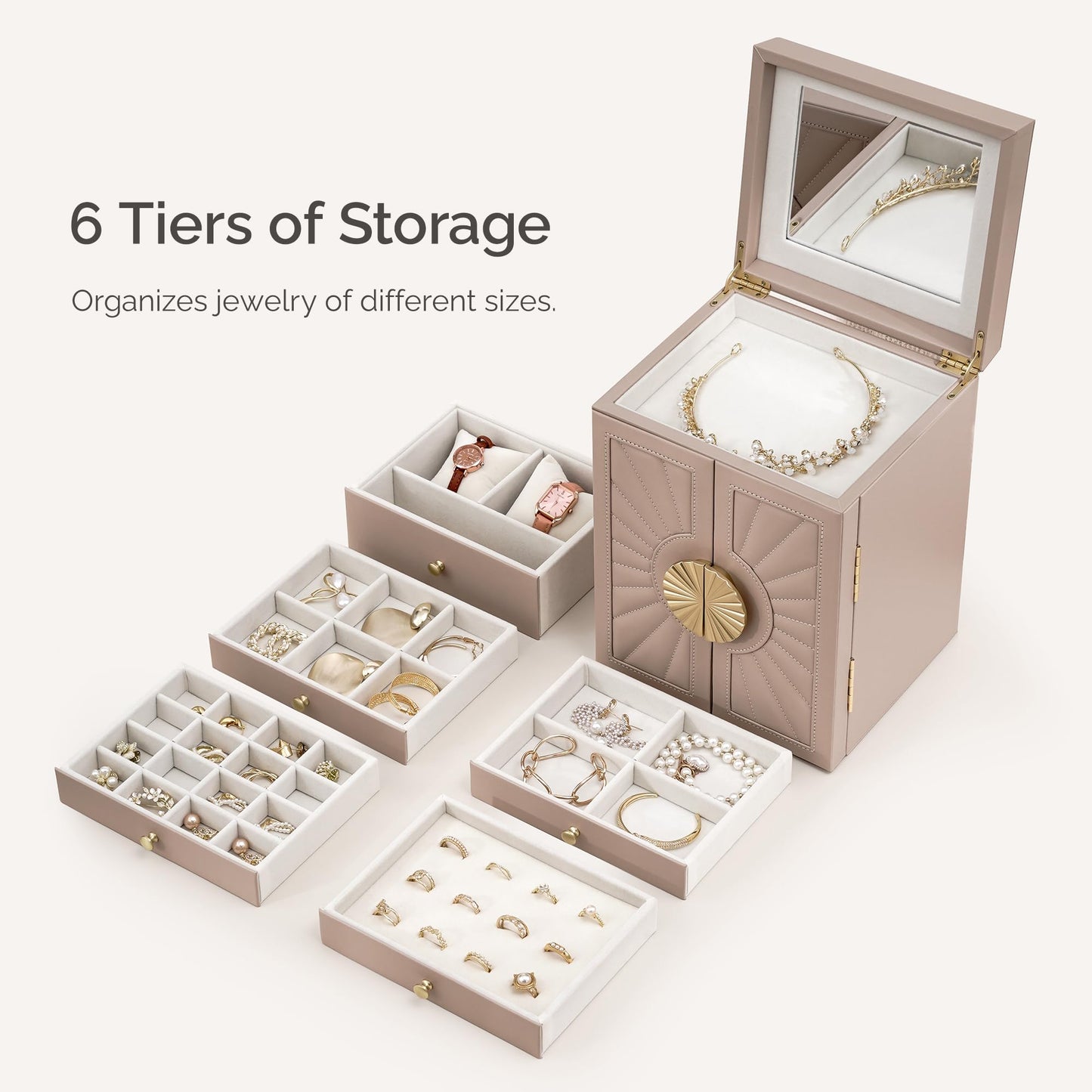 BIQI MUSSE Jewelry Box for Women, 6-Tier Jewelry Organizer Box with Mirror, 5 Drawers Jewelry Storage Case for Ring Necklace Earring Bracelet, Light Taupe