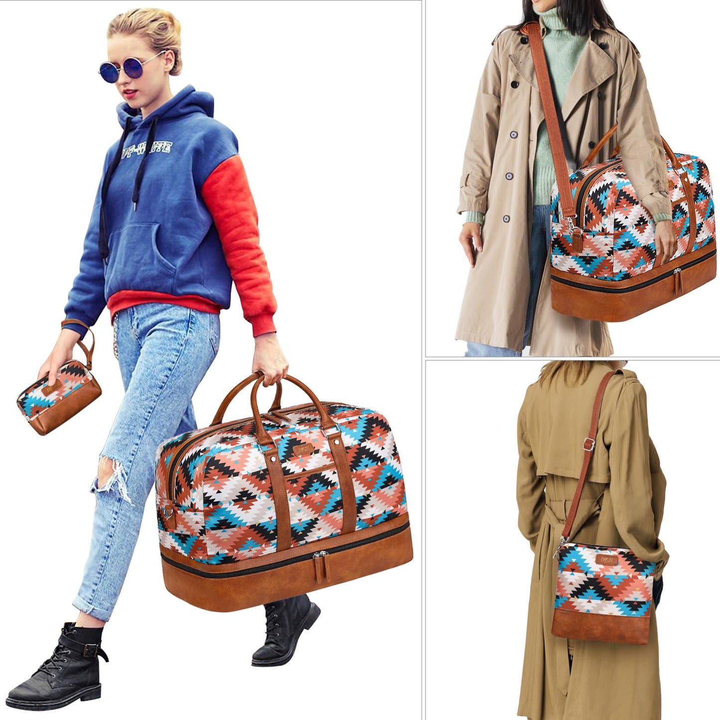 Weekender Bags for Women, 3PCS 21" Large Travel Duffle Carry on with Crossbody Bag & Toiletry Bag, Water-Resistant Shoe Compartment, Trolley Sleeve, for Business Weekend Overnight Trips