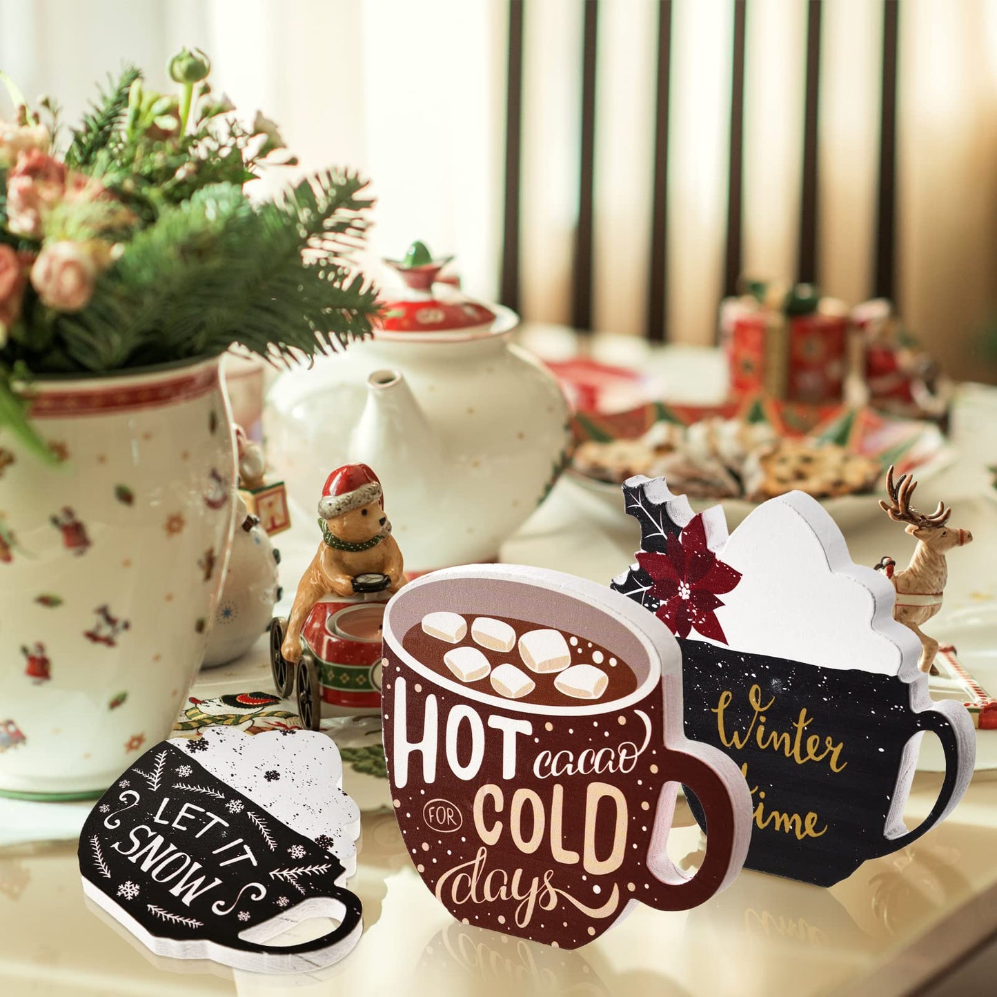 3 Pcs Christmas Hot Cocoa Tabletop Decor Christmas Wooden Signs Hot Cocoa Decor Warm Winter Tabletop Wooden Block Sign for Table Centerpieces Tiered Tray Decoration