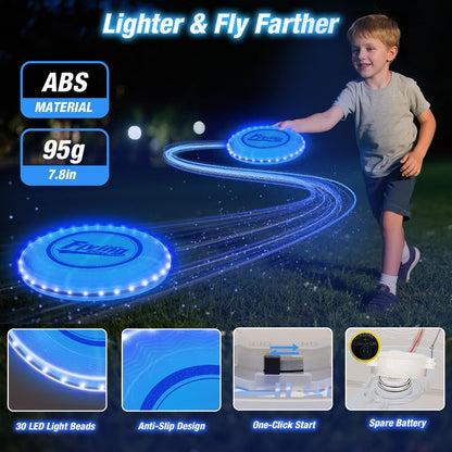 HYES 2 Pack Light up Flying Discs for Kids, Rechargeable Disc with 45 LEDs, 14 Lighting Modes(10")&Built-in Battery Disc(7.8"), Glow in The Dark Ring for Beach/Camping/Outdoor Sport