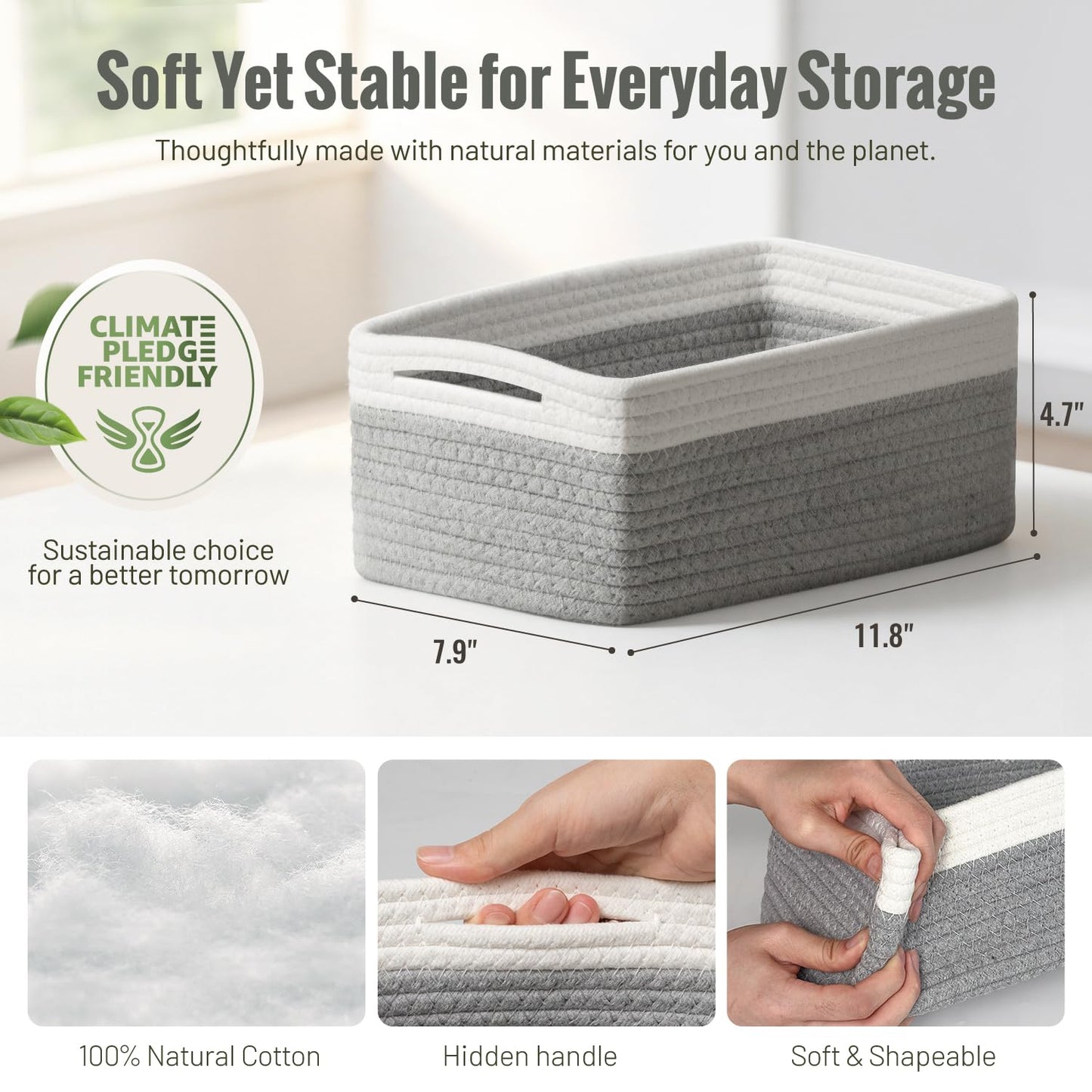 5 Pack Decorative Small Storage Baskets for Shelves, Cotton Rope Woven Basket for Organizing Bathroom, Nursery, Closet, Cabinet, Toys & Socks, Gift Baskets Empty, 11.8"x7.9"x4.7", Gray/White