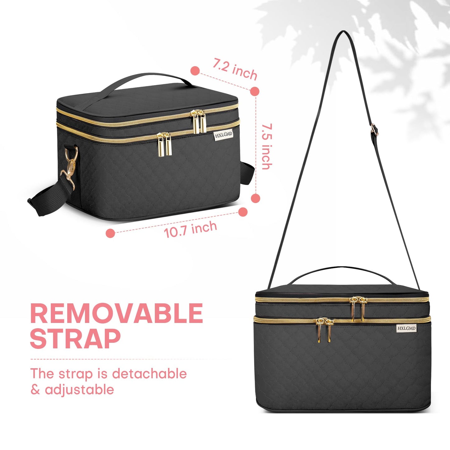HXLGMD Double Layer Travel Makeup Bag Women, Cosmetic Organizer Case, Travel Essentials Accessories with Shoulder Strap for Bottles, Brushes, Conditioner, Skin Care Products, Black