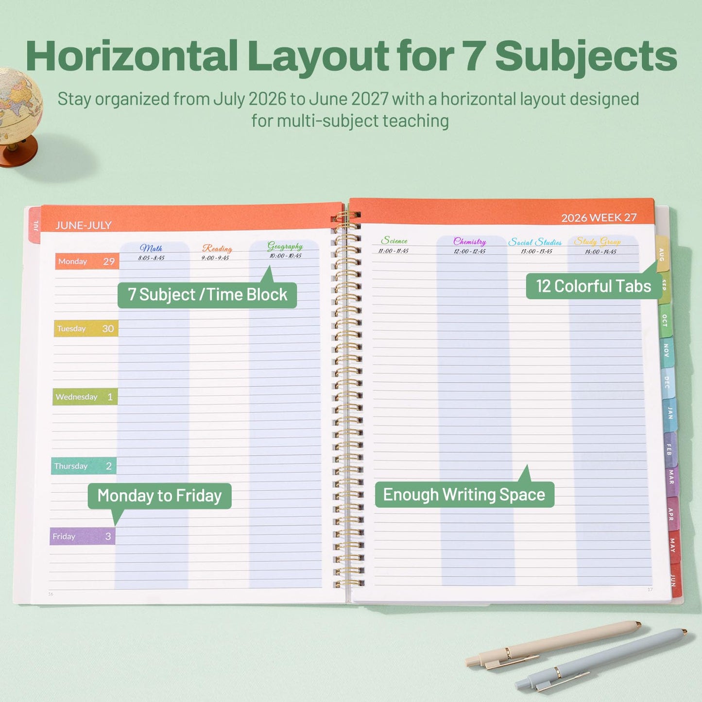 SUNEE Teacher Planner 2026-2027 Academic Year, 7 Periods Lesson Plan Book Jul 2026 - Jun 2027, 8.5"x11"Daily Weekly Monthly Organizers Horizontal Layout with Dated Calendars, Bookmark, Tabs, Palm Leaf