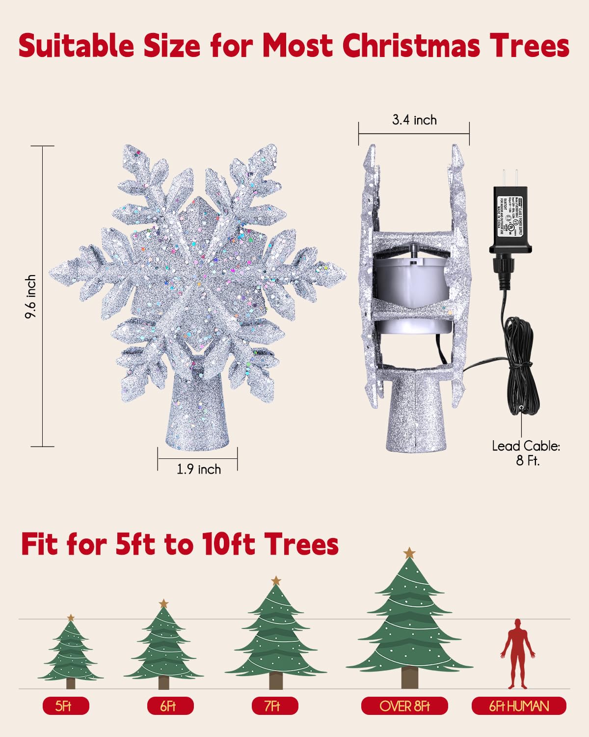 Christmas Tree Topper Lighted with Built-in Led Rotating Snowflake Projector Lights, 9.6” Hollowed Tree Topper with Silver Spangles Plug In for Indoor Home Xmas New Year Party Holiday Night Tree Decor