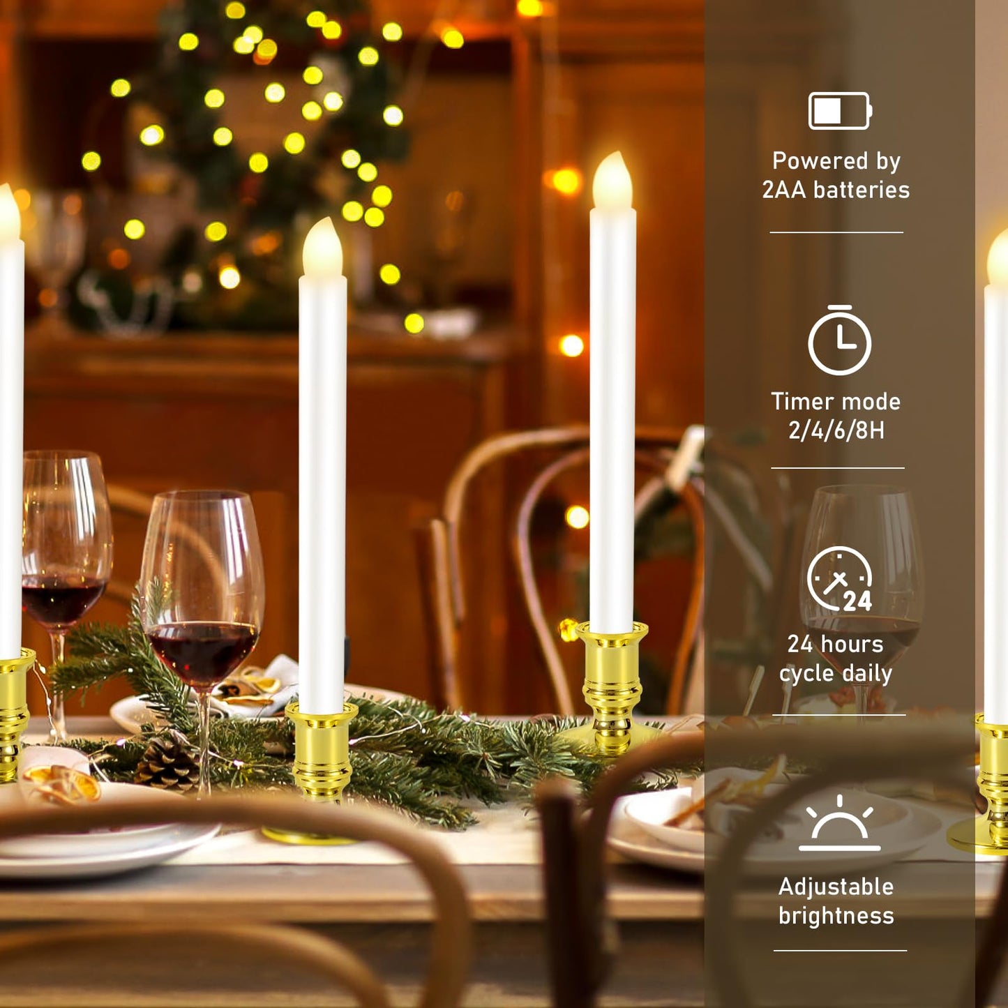 Qmioti 12 Pack Christmas Window Candles, Battery Operated Window Candles with Timer Remote, LED Window Candle with Candle Holders Suction Cups for Christmas Decorations, Gold