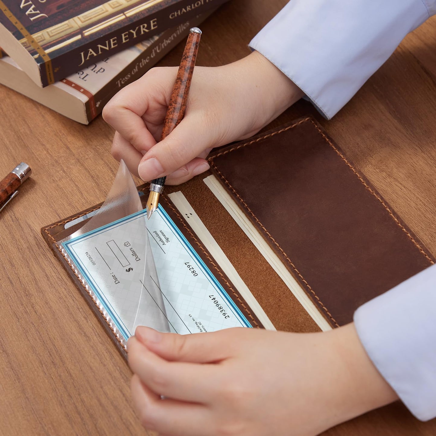 CoBak Genuine Leather Checkbook Cover – RFID Blocking, Luxury Handcrafted Design, Slim & Durable Organizer for Personal & Business Checks.Genuine Leather Brown