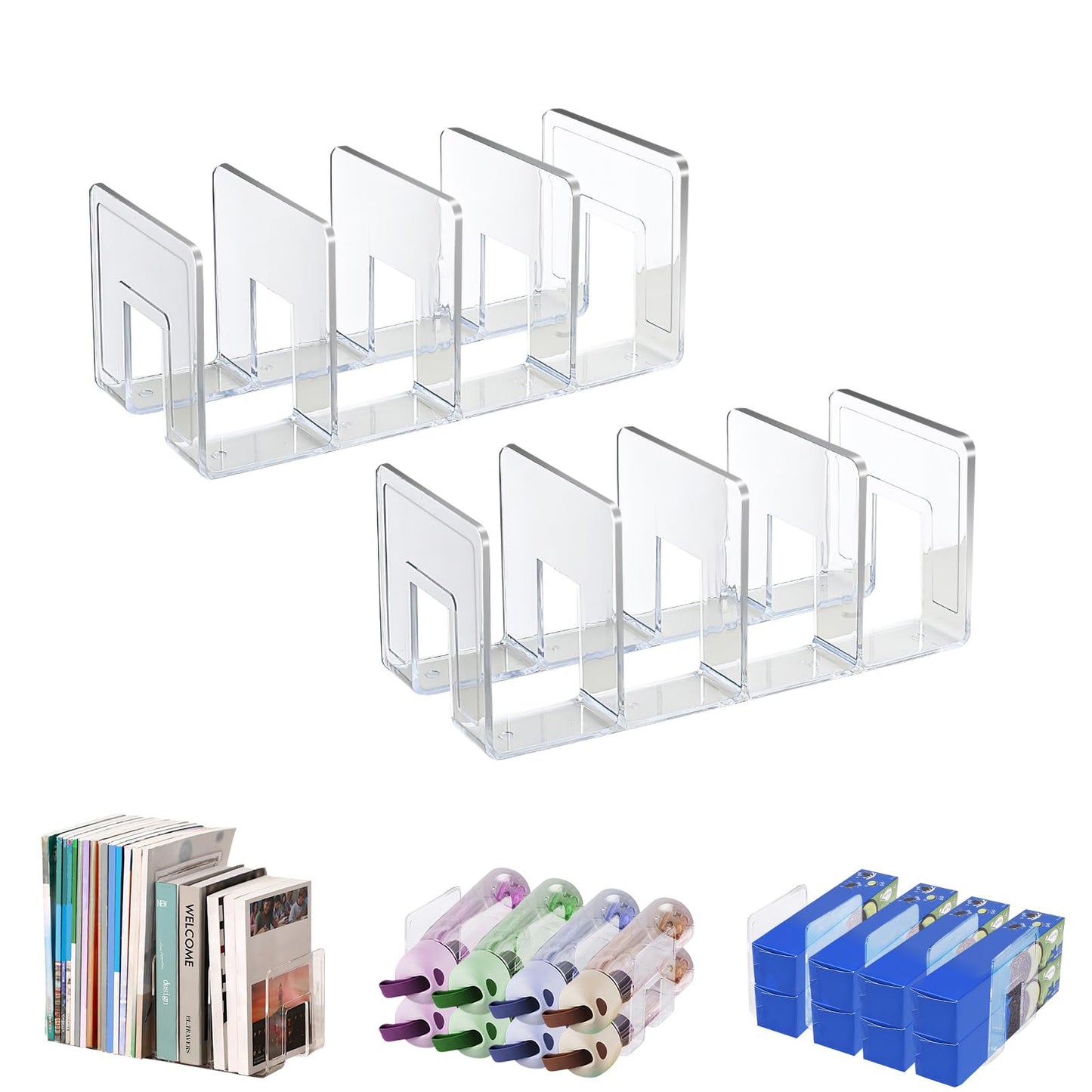 Marte Vanci Clear Acrylic File Sorter, Sturdy Desk File Organizer Shelf Book Holder Purse Handbag Clutch Divider File Folder Rack for Letter Cookbooks Home Office Kitchen Supplies 4 Sections (2 Pcs)