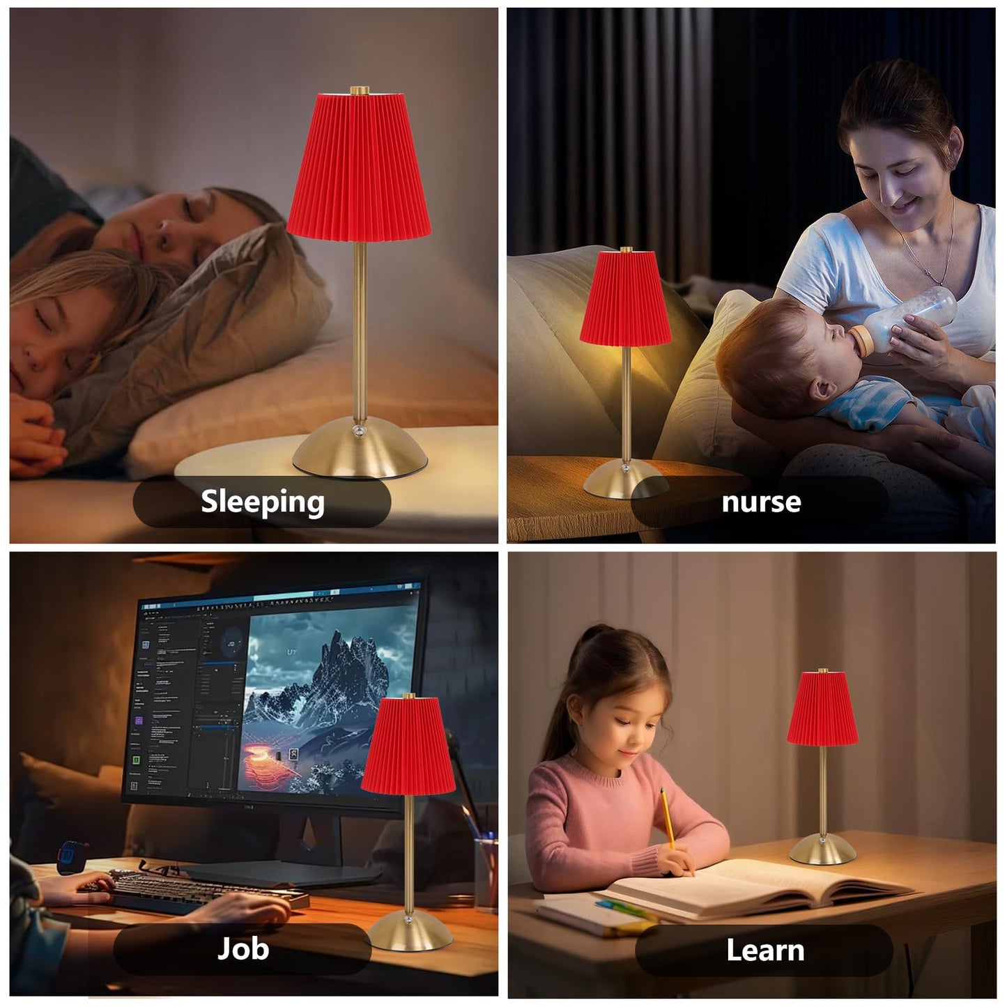 Red Table Lamps , Small Gold Table Lamp 12 Inch for Girl's Bedroom Cute Coquette Table Lamp with Fabric Shade Modern Decorative Bedside Light Small Princess Desk Lighting Boho Living Room (Gold+Red)