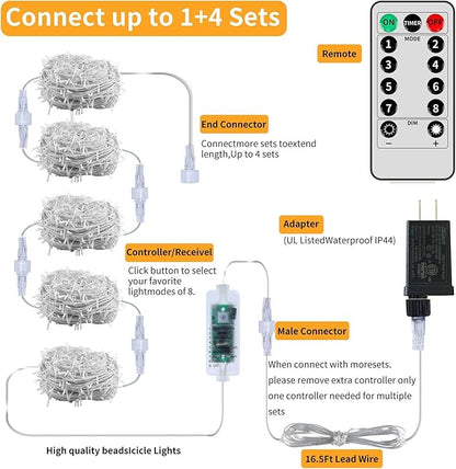 600LED Plug-in Christmas Icicle String Lights, 75Ft With Remote, 8 Modes Warm White Twinkle Fairy Waterproof for Terrace Wall Outdoor Decoration