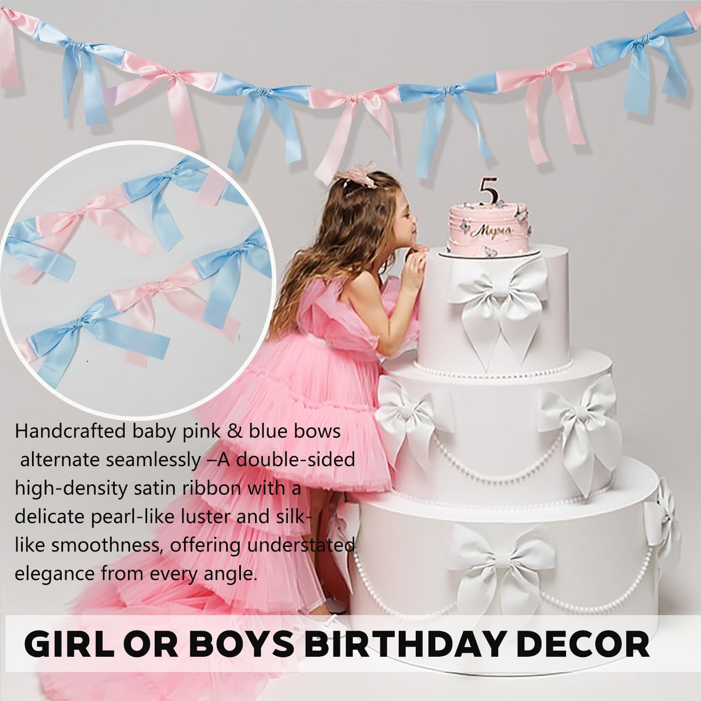 Eanjia Gender Reveal Bow Knot Garland |6ft Gender Reveal Party Decor with 3ft Extend Ribbon Pre-Assembled Satin Ribbon Banners with Baby Pink/Blue Bows Baby Shower No DIY Needed (Pink & Blue, 6ft)