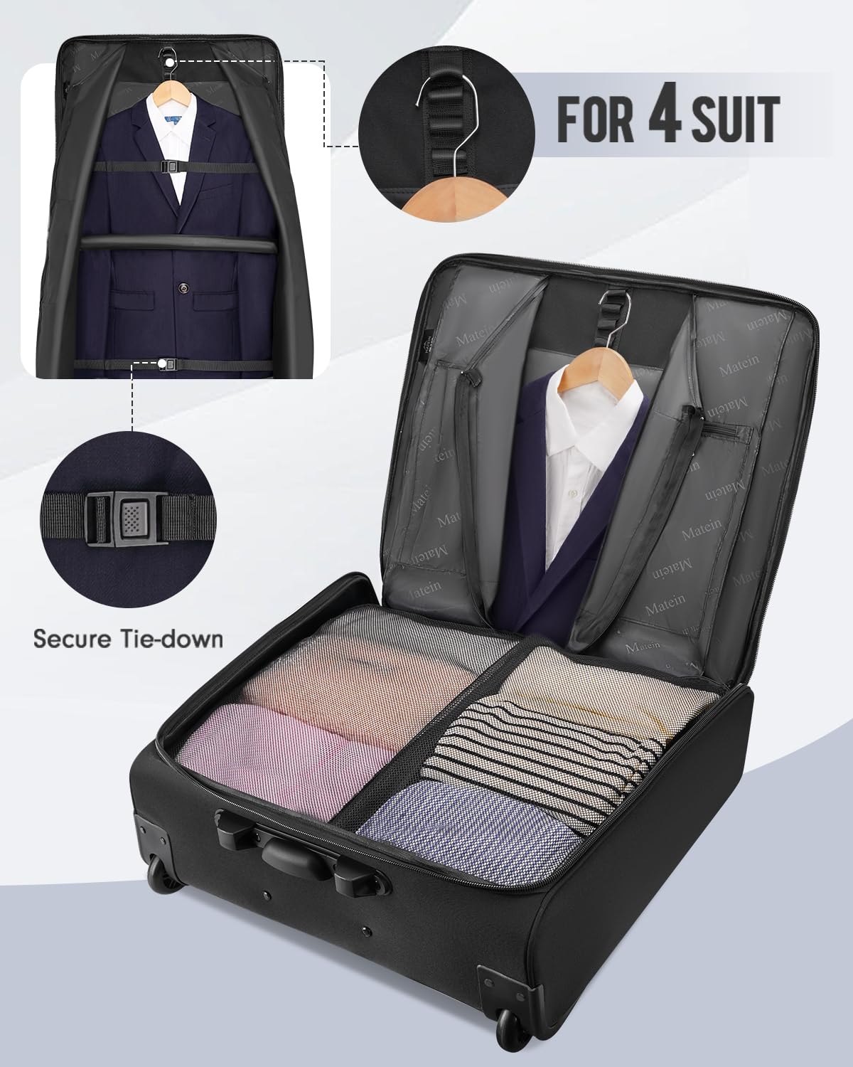 MATEIN Rolling Garment Bag with 2 Packing Cubes, Large Check-in Travel Garment Bags with 17.3 Inch Laptop Compartment, Wrinkle Free Wheeled Business Softside Suitcase Luggage for Men and Women, Black