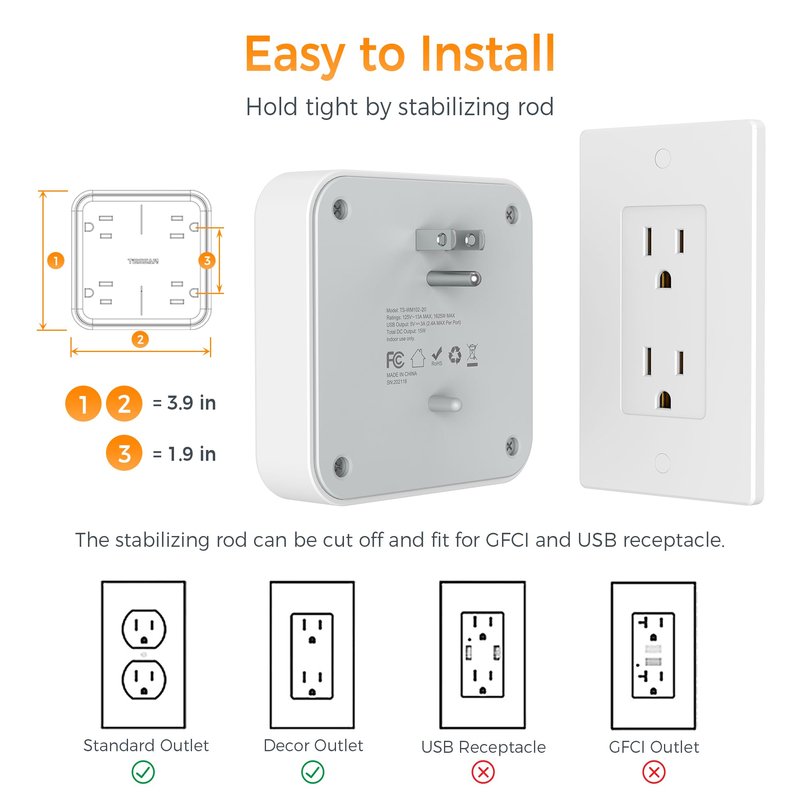 Multi Plug Outlet Extender, TESSAN 4 Outlet Splitter 3 USB Wall Charging Ports (2 USB C), Wide Spaced Multiple Expander Surge Protector for Office, Home, College Dorm Room