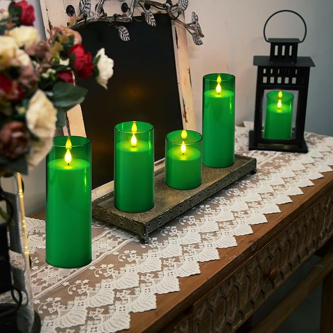 Homemory Green Flickering Flameless Candles, Battery Operated Acrylic LED Pillar Candles with Remote Control and Timer, Set of 5, St. Patrick's Day