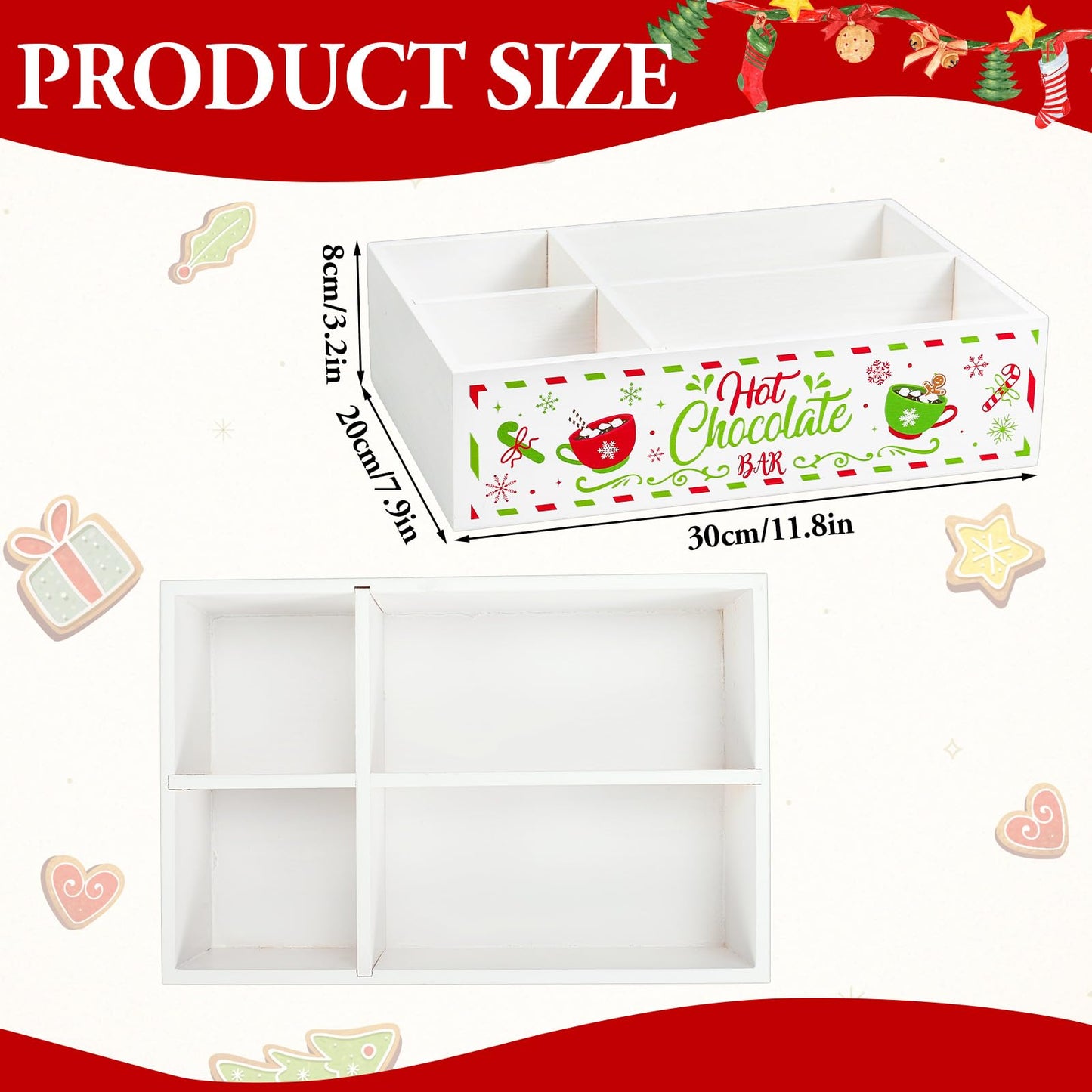 FYSUIMU Christmas Hot Cocoa Wood Storage Box Red-Green Xmas Rustic Wooden Organizer Bins Tabletop with 4 Compartments for Holiday Farmhouse Party Home Office Kitchen Decor