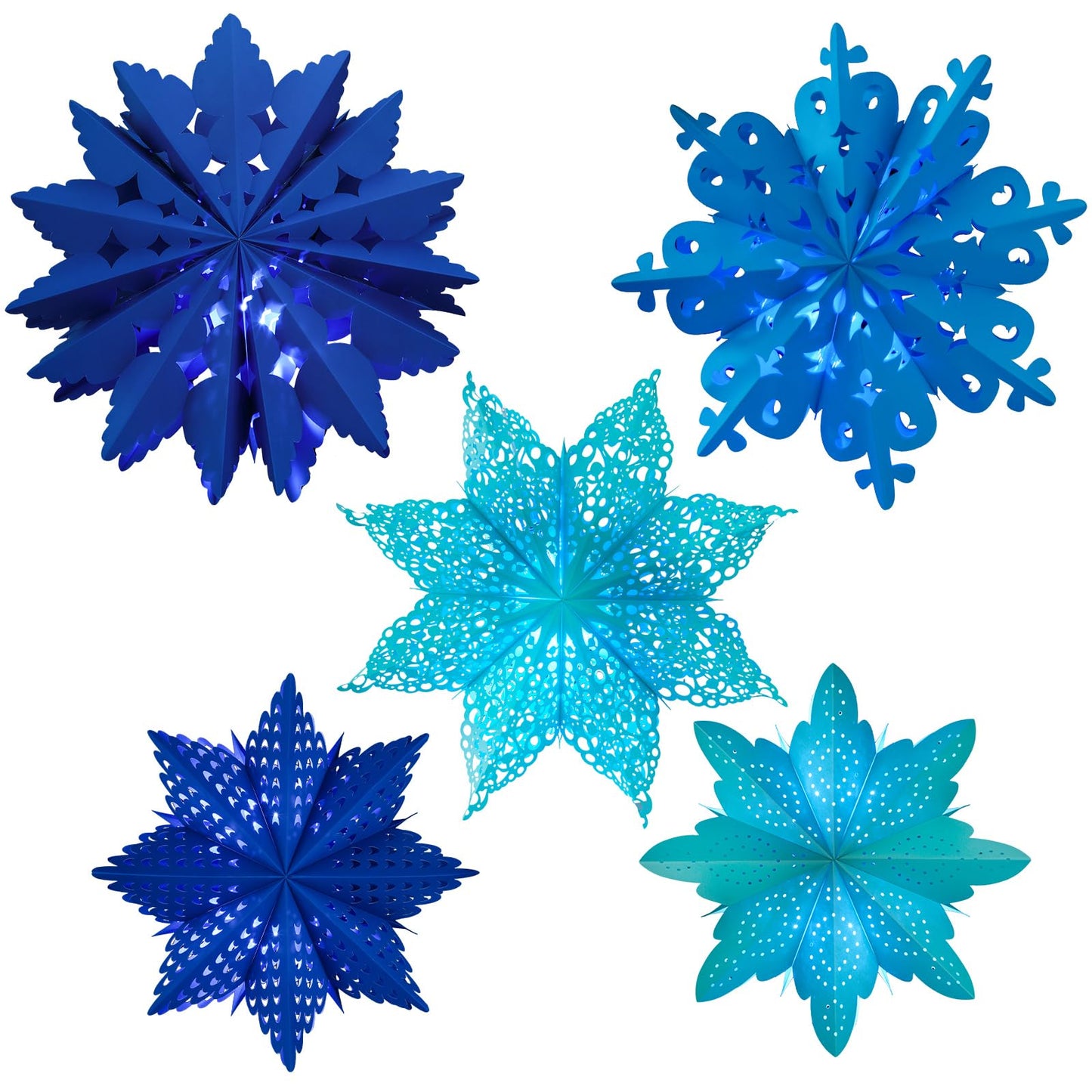 Mudder 5 Pieces Large Christmas Snowflake Paper Lantern with 7 Light 23.6/17.7 Inch Star Paper 3D Hanging Lantern Lamp Party Decoration for Weddings Holiday Xmas Trees(Fresh Style,Blue)