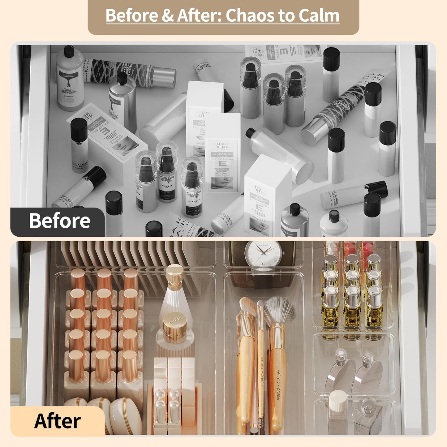 Yanosaku 25 PCS Clear Plastic Drawer Organizer Set, 4 Sizes Vanity Organizers, Desk Drawer Divider Organizers and Storage Bins for Makeup, Jewelry, Gadgets for Kitchen, Bathroom, Office