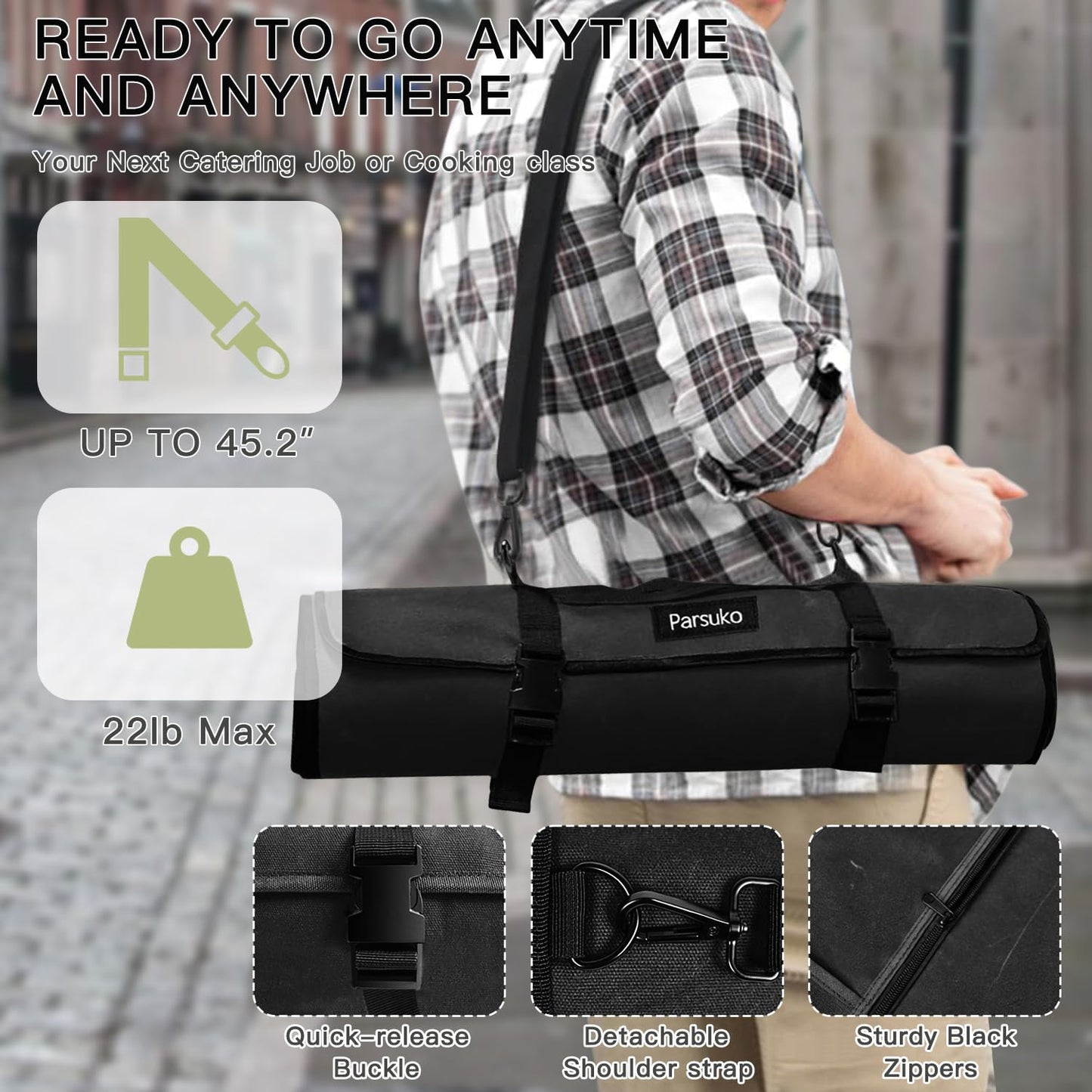 Chef Knife Roll Bag,Waterproof Waxed Canvas Knife Case Holds,Knives Roll Bags for Chefs Professional with Adjustable Strap,Chef Backpack (Black)