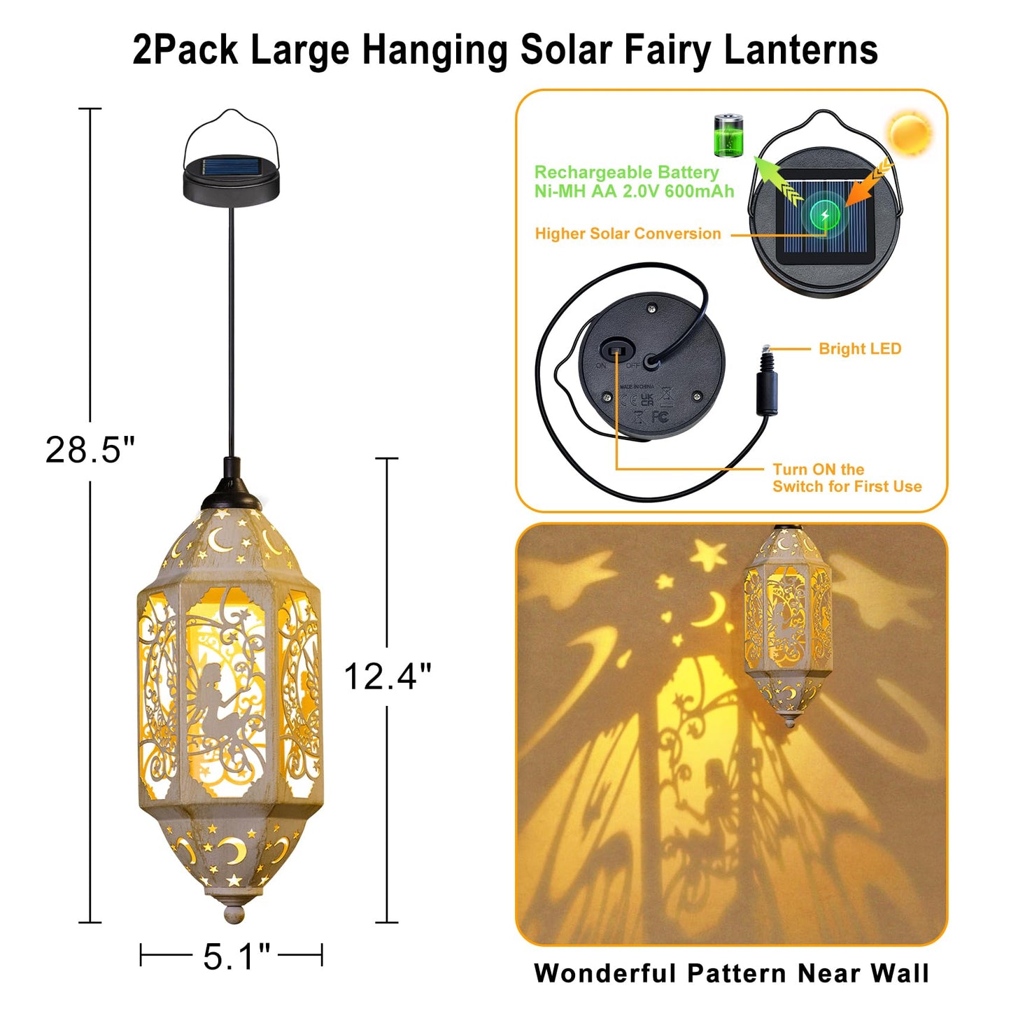 Big Outdoor Solar Lanterns Waterproof Garden Gifts for Women Mom Fairy Moon 12.4‘’ Metal Garden Lanterns Hanging Light for Patio Backyard Decorations, Mothers Day Birthday Gifts (Gold White,2Pack)