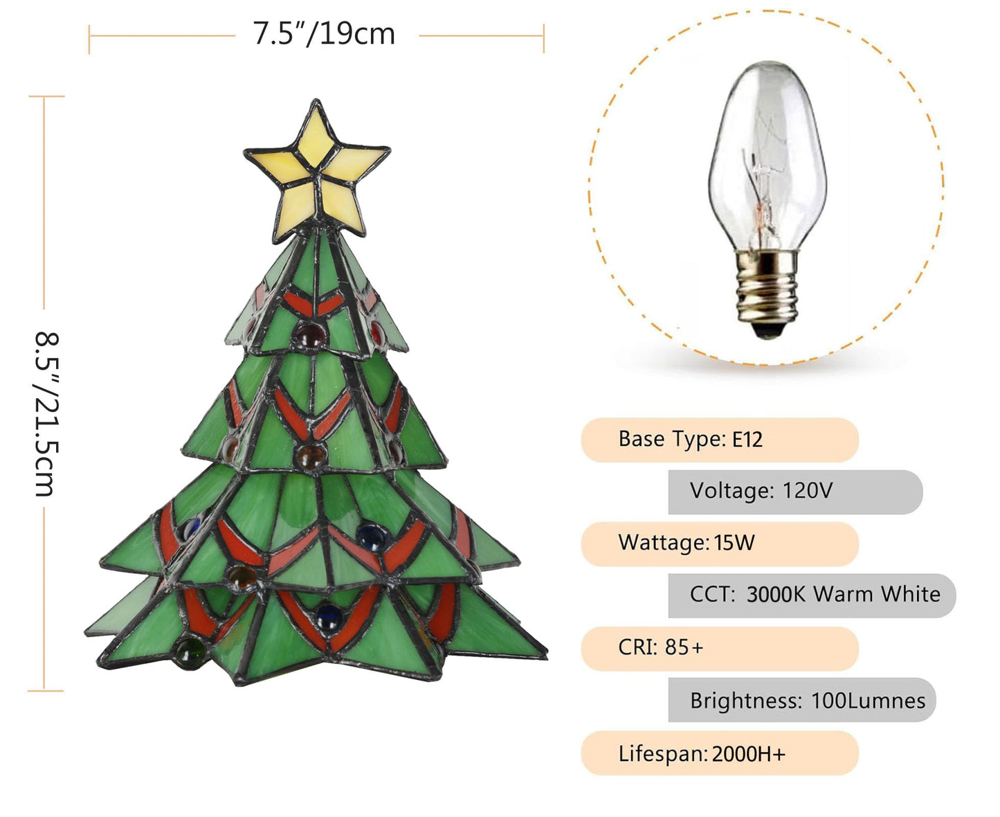 HomeBeauty A0001 Tiffany Style Stained Glass Accent Table lamp for Home Decor,Christmas Table Decorations Lighted Xmas Tree for Living Room Tabletop Party, W 7.5" x H 8.5", Bulb Included