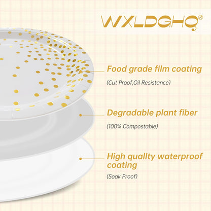WXLDGHQ White and Gold Paper Plates Napkins Party Supplies,Disposable Gold Dot Paper Dessert Plates,105 PCS Birthday Plates and Napkins Party Supplies for Wedding(Serves 35 Guests 7")