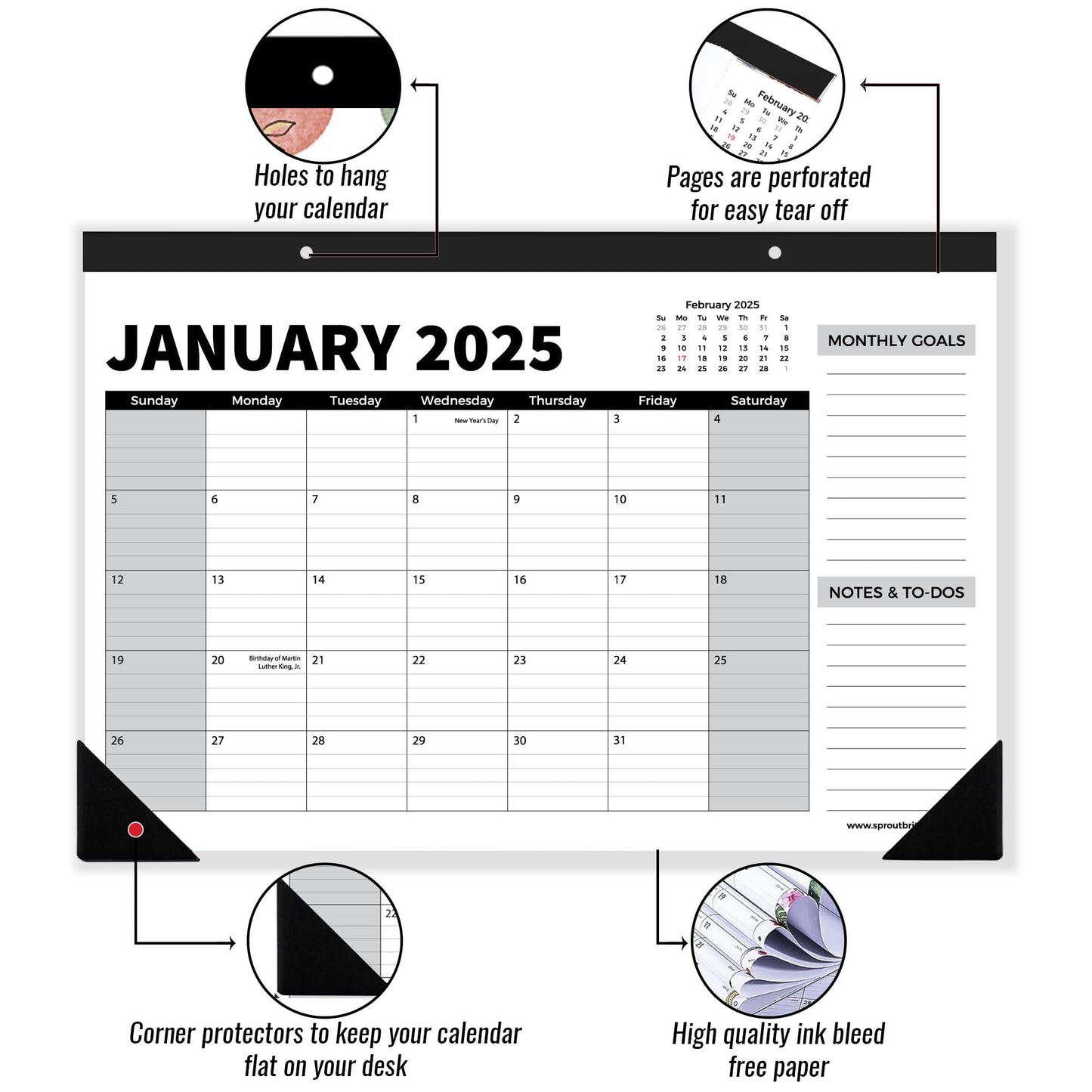 Sproutbrite 18 Month Calendar - 17" x 11.5" Medium Size Desk Calendar 2025-2026, Desktop Monthly Planner with To-Do List and Notes, Home, Office Desk Calendar (3 Pack, Jan 2025)