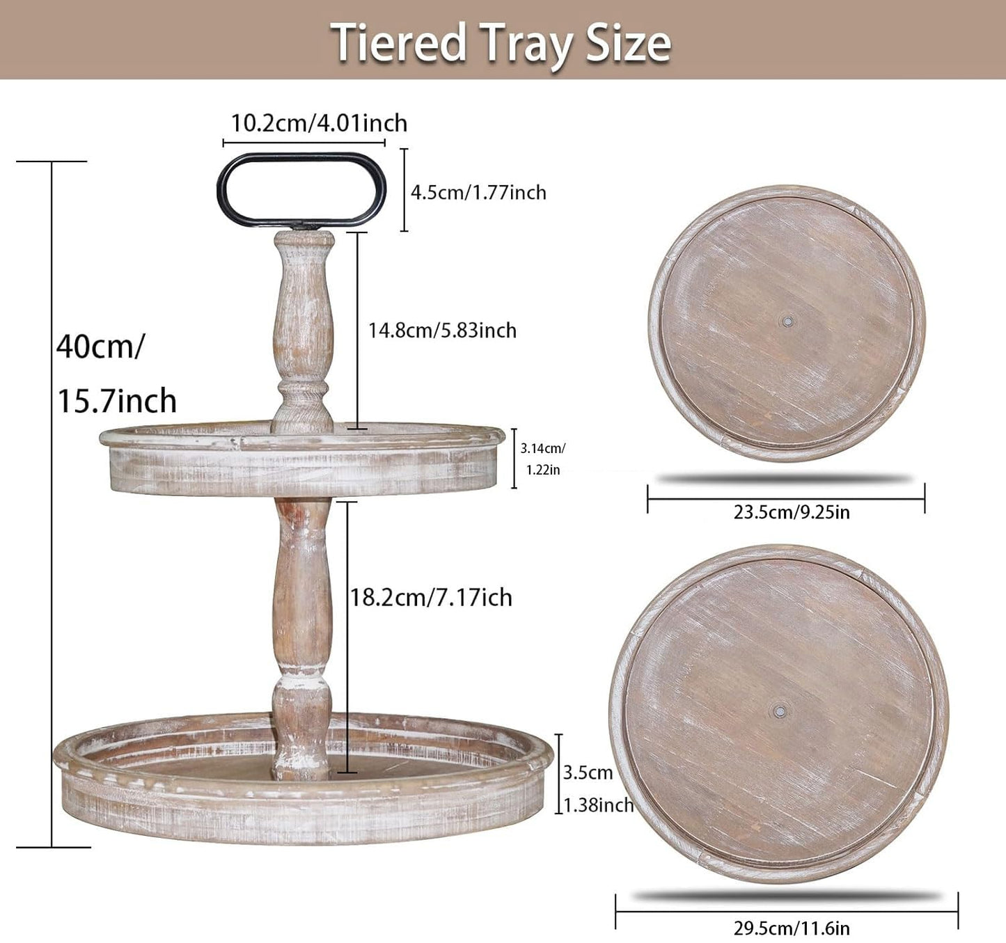 Krismax Decorative Trays - Two Tiered Tray Stand Rustic Decor Farmhouse 2 Tiered Tray Serving Tray Seasonal & Holiday Decoration Wooden Tray