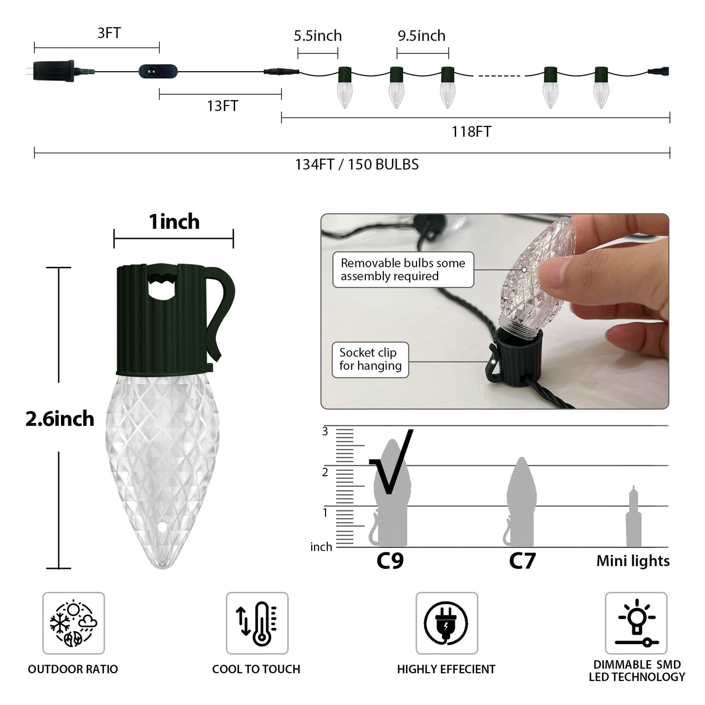 Aoyccor Smart C9 LED Christmas Lights Outdoor, 118 FT 150 LED