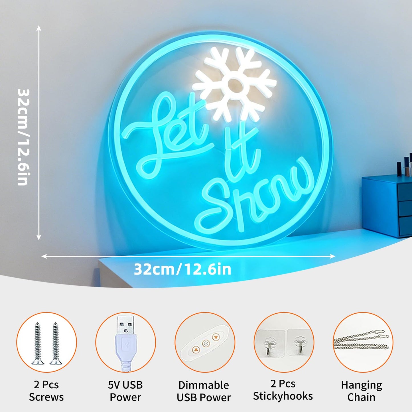 Let It Snow Neon Sign, Snowflake Shape Light Up Sign, Winter Christmas Home Party Gift Wall Table Decor, USB Powered Dimmable LED Neon Light 12.6 x 12.6 In