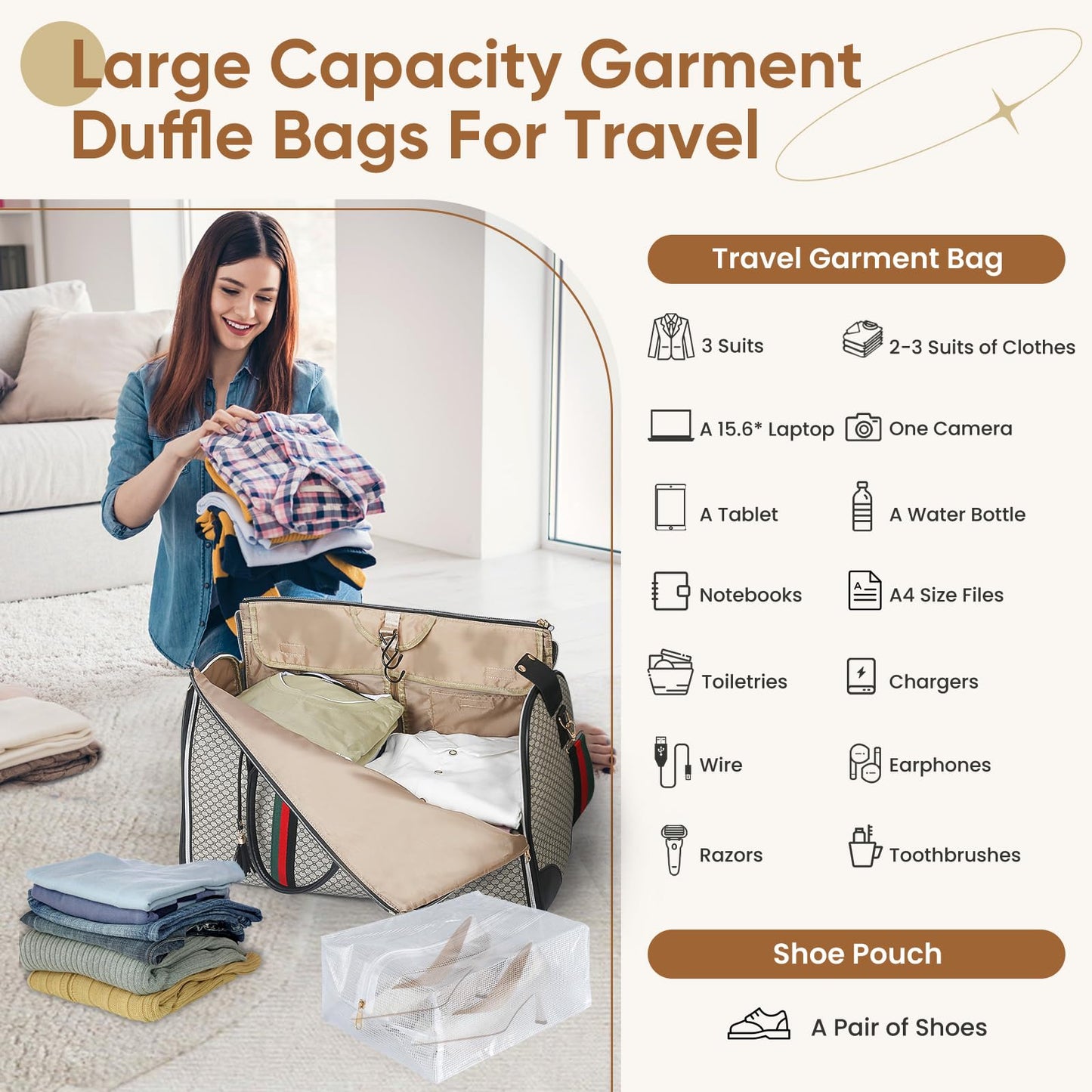 CSUNNUFA Convertible Garment Bags for Travel, Carry on Garment Duffel Bags with Shoe Pouch Weekender Bag for Men Women 2 in 1 Hanging Suitcase Suit for Business Trip, Vacation (Ebony)