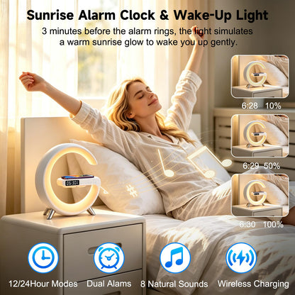 Smart LED Table Lamp with Bluetooth Speaker, Fast Wireless Charger, RGB Night Light, Sunrise Alarm Clock & App Control Bedside Atmosphere Lamp for Bedroom Office Home Decor, Teen Girls Boys Gifts