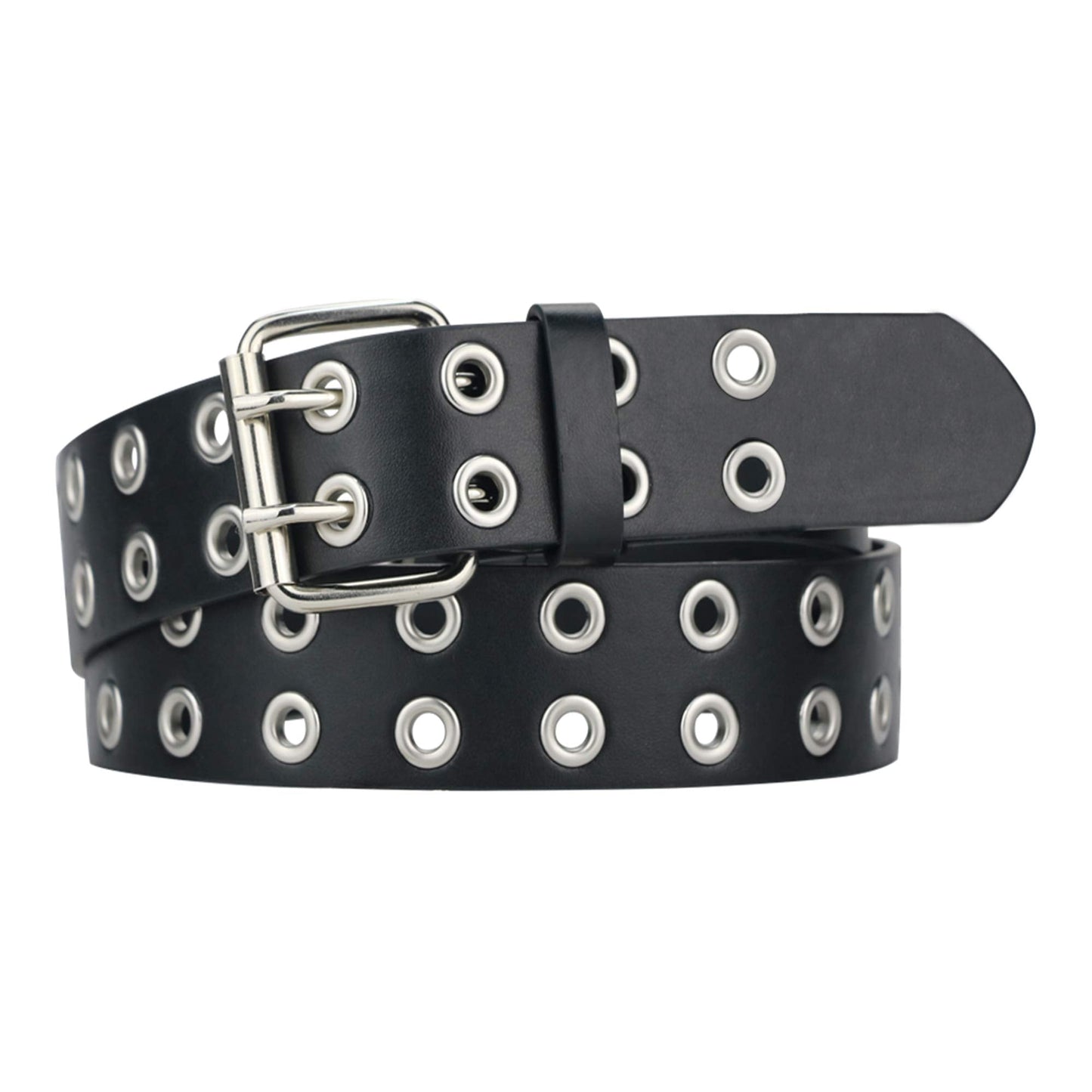 Grommet Leather Belts for Women, Black Belt Women Men - Double Studded Holes-Fit for waist up to 45''
