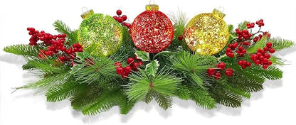 Christmas Centerpiece Table Decorations, Includes 3 LED Baubles Artificial Red Berries and Pine Cones Xmas Candelabrum for Dinning Room, Table, Fireplace, Mantel Decoration