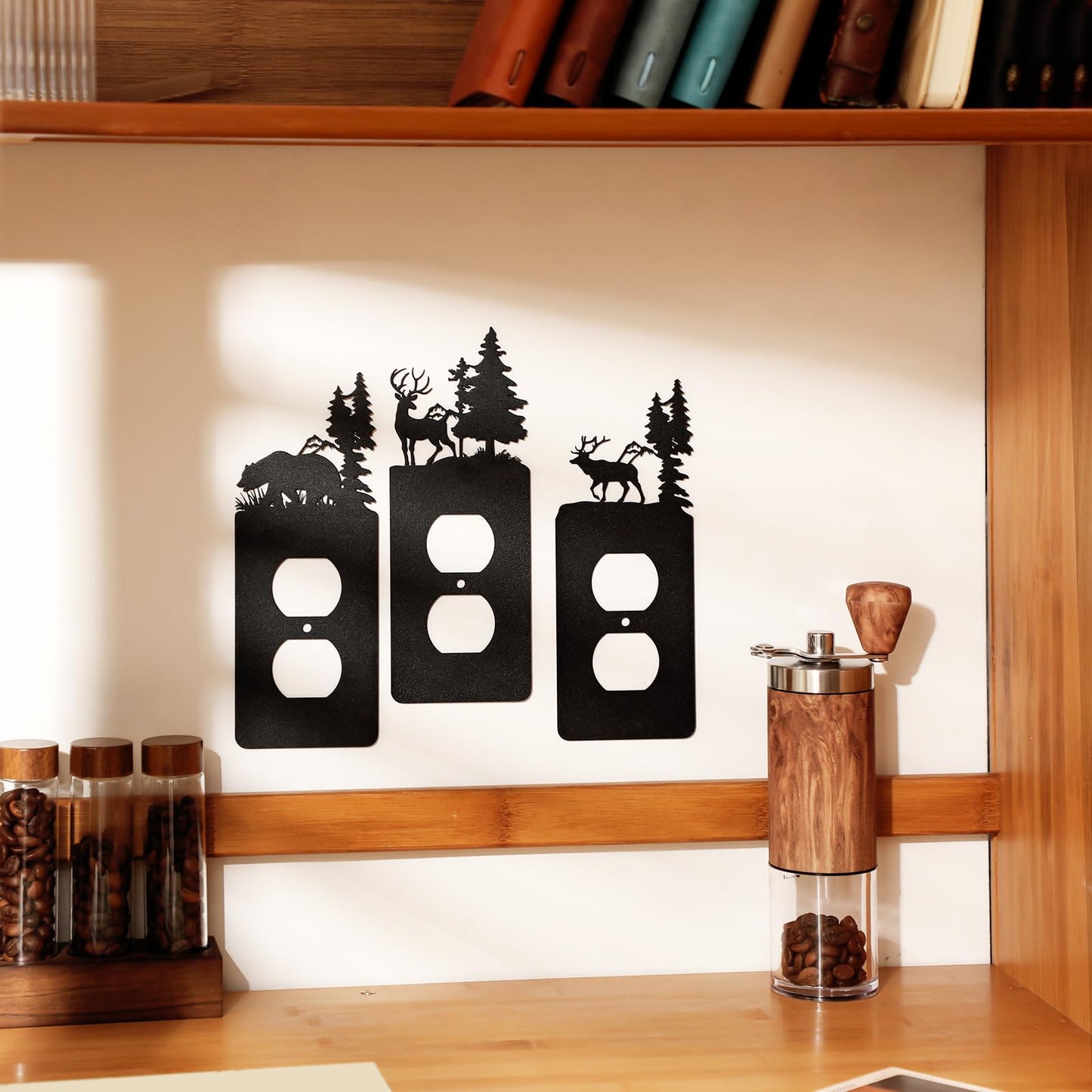 Lothee 3 Pcs Bear Light Switch Cover Plate Black Outlet Plate Cover Bear Elk Forest Mountain House Wall Light Outlet Decorative for Office Bedroom Home, Duplex Toggle(Exquisite)