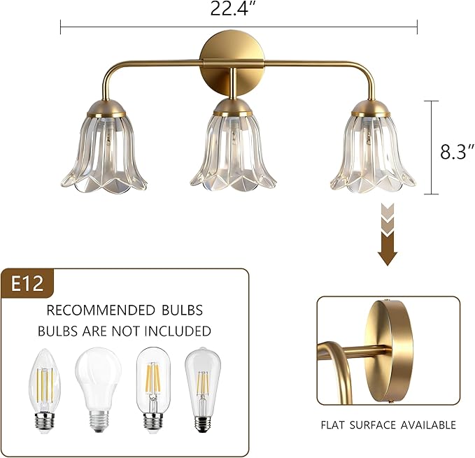 3-Lights Bathroom Vanity Light, Gold Vintage Bathroom Light Fixtures, Matte Antique Brass Finish with Crystal Glass Shade, Wall Sconces Lighting for Living Room, Bedroom, Hallway（E12 Base）