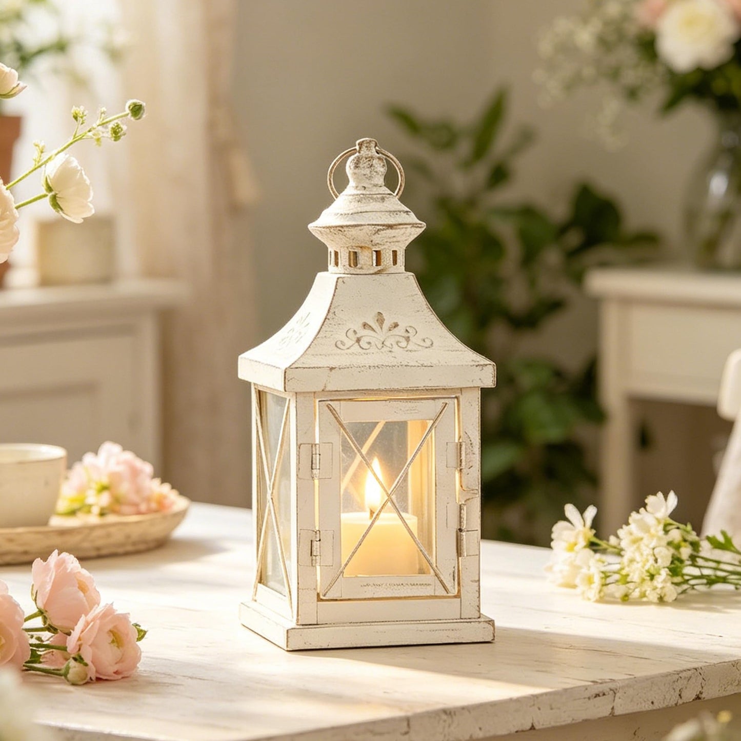 TRIROCKS Set of 2 Decorative Candle Lantern 11'' High Metal Candle Holder Hanging Lantern Perfect for Home Decor Halloween Living Room Parties Events Tabletop Indoors Outdoors (White with Gold Brush)