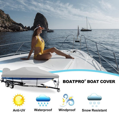 Boatpro Trailerable Boat Cover 17-19ft with Outboard Motor Cover, 900D Marine Canvas Waterproof & UV-Proof Heavy Duty Boat Covers for 17 feet 18ft 19' Foot V-Hull Bass Boat Runabout Boat, Gray