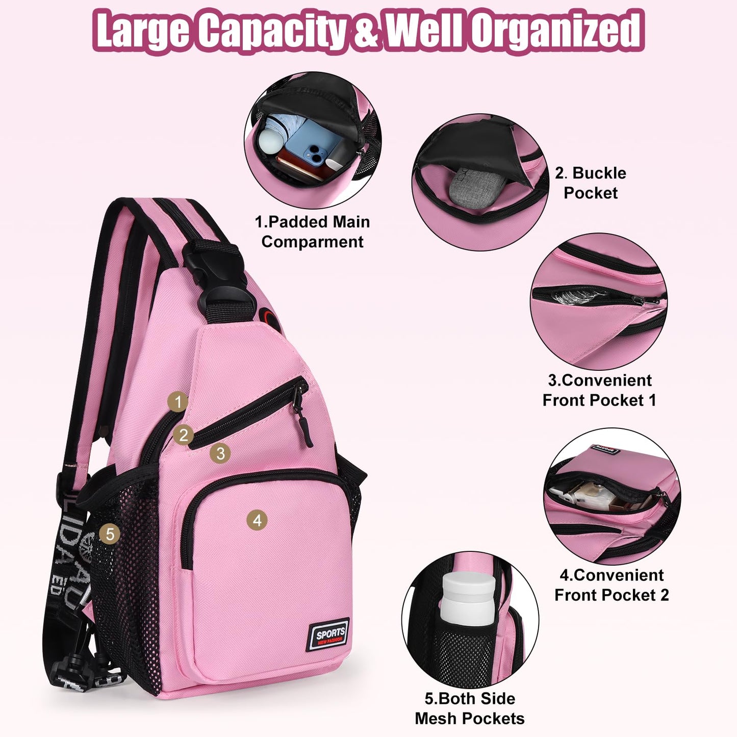 VALUEQLO Crossbody Backpack Convertible Sling Bag for Women Men with Adjustable Strap Small Casual Daypack for Hiking Traveling (Small, 11-Inch, Pink)