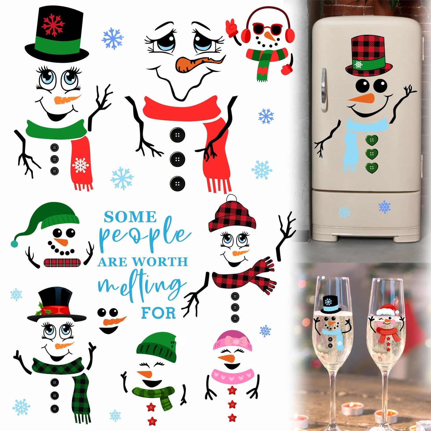 Funny Snowman Decals Christmas Snowman Faces Stickers for Glass Window Stickers Clings Christmas Ornaments Decals for Crafts Cute Cartoon DIY Snowman Faces Stickers Party Supplies Decorations