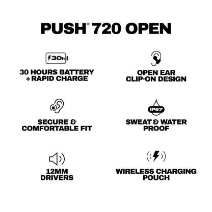 Skullcandy Push 720 Open Wireless Open Ear Bluetooth Earbuds, Headphones, Waterproof, Clip-On Lightweight Design, 30 Hours Battery, Wireless Charging Pouch, Microphone for iPhone Android - Chrome