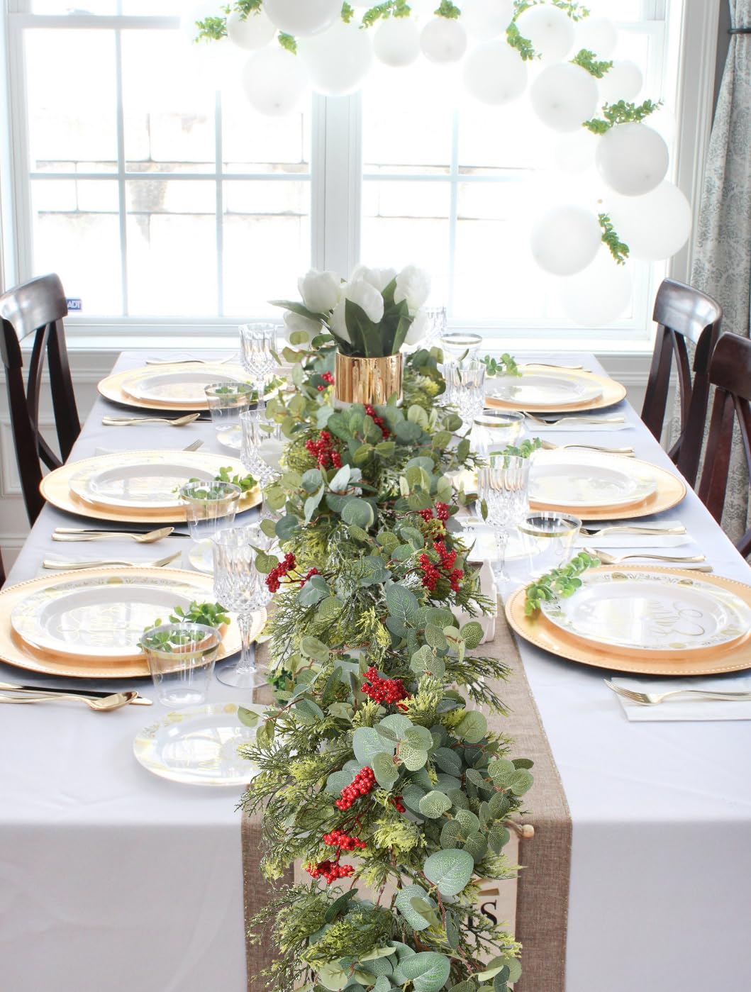 JoyHome 6ft Pine Christmas Garland, Artificail Red Berry Garland Christmas with Eucalyptus Leaves Cypress Garland for Home Decoration Holiday Mantel Table Decor
