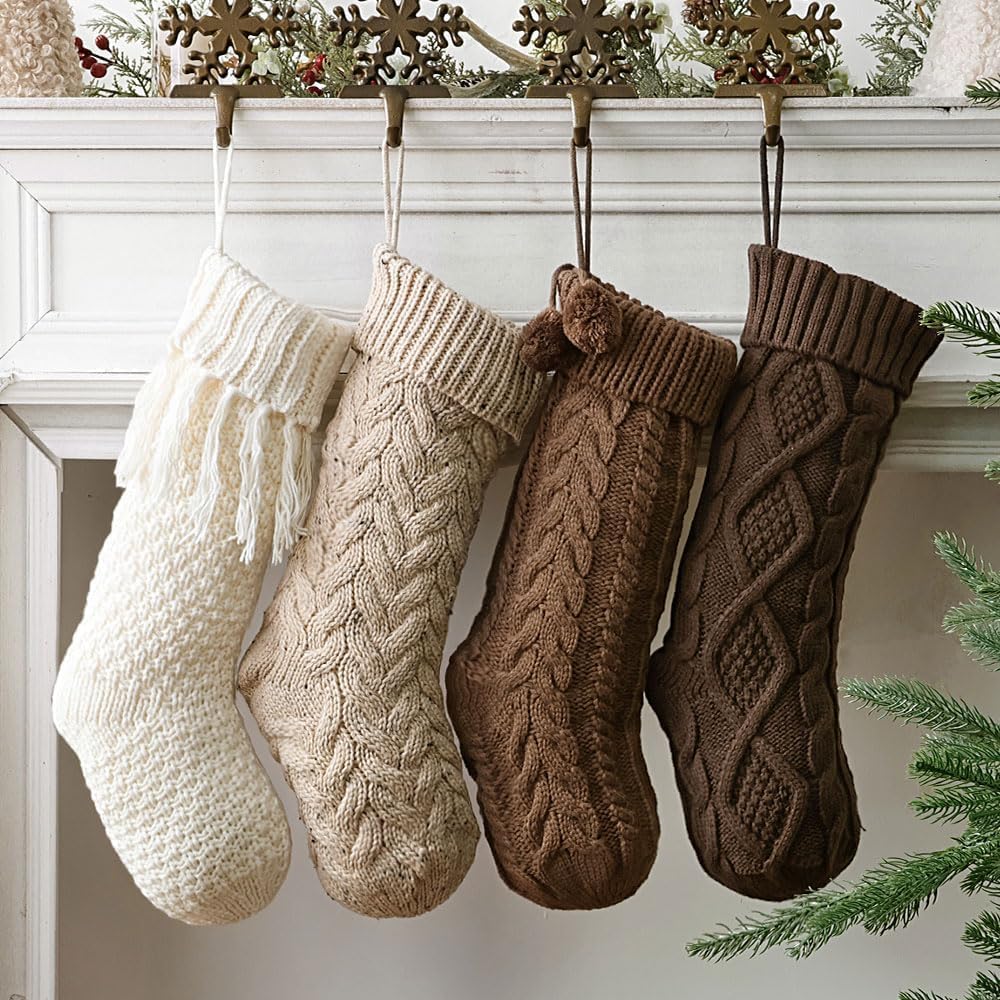 Farmhouse Knitted Personalised Christmas Stockings: 4 Pack 18 Inch Rustic Neutral Cable Knit Fireplace Stockings, Rustic Cozy Hanging Xmas Stocking Decorations for Family Holiday Décor, Earth Tones
