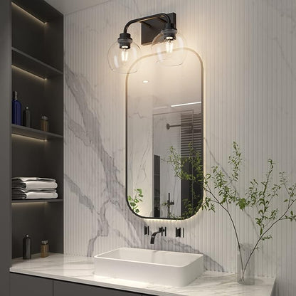 Tipace 2 Lights Industrial Bathroom Vanity Light Fixtures Over Mirror Black Vintage Vanity Lights with Globe Clear Glass Farmhouse Wall Sconces Fixture(Exclude Bulb)