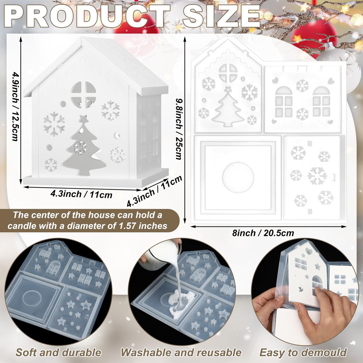 Reallnaive 2 Set Christmas Village House Silicone Molds Plaster Epoxy DIY Craft Making Mold White House Buildings Lantern Casting Xmas Tabletop Decoration for Home Indoor Xmas