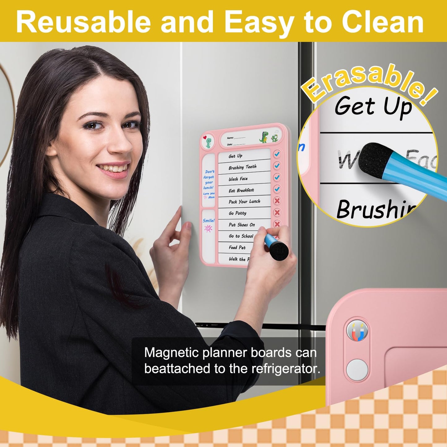 2-Pack Magnetic Chore Chart for Kids, ADHD Task Tracker Easy-Check Routine Dry Erase Board, to-Do List Planning Tool with Stand for Fridge/Desk/Home/School, 6 Reusable Sheets, 4 Markers Pink