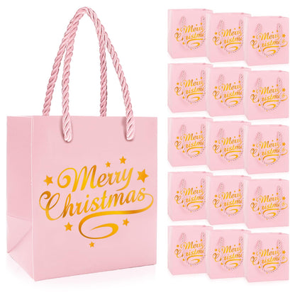 JarThenaAMCS 30Pcs Christmas Mini Gift Bags with Handle Gold Foil Pink Merry Christmas Party Favor Bags Xmas Paper Treat Bag for Holiday Wedding Baby Shower Birthday Party Supplies