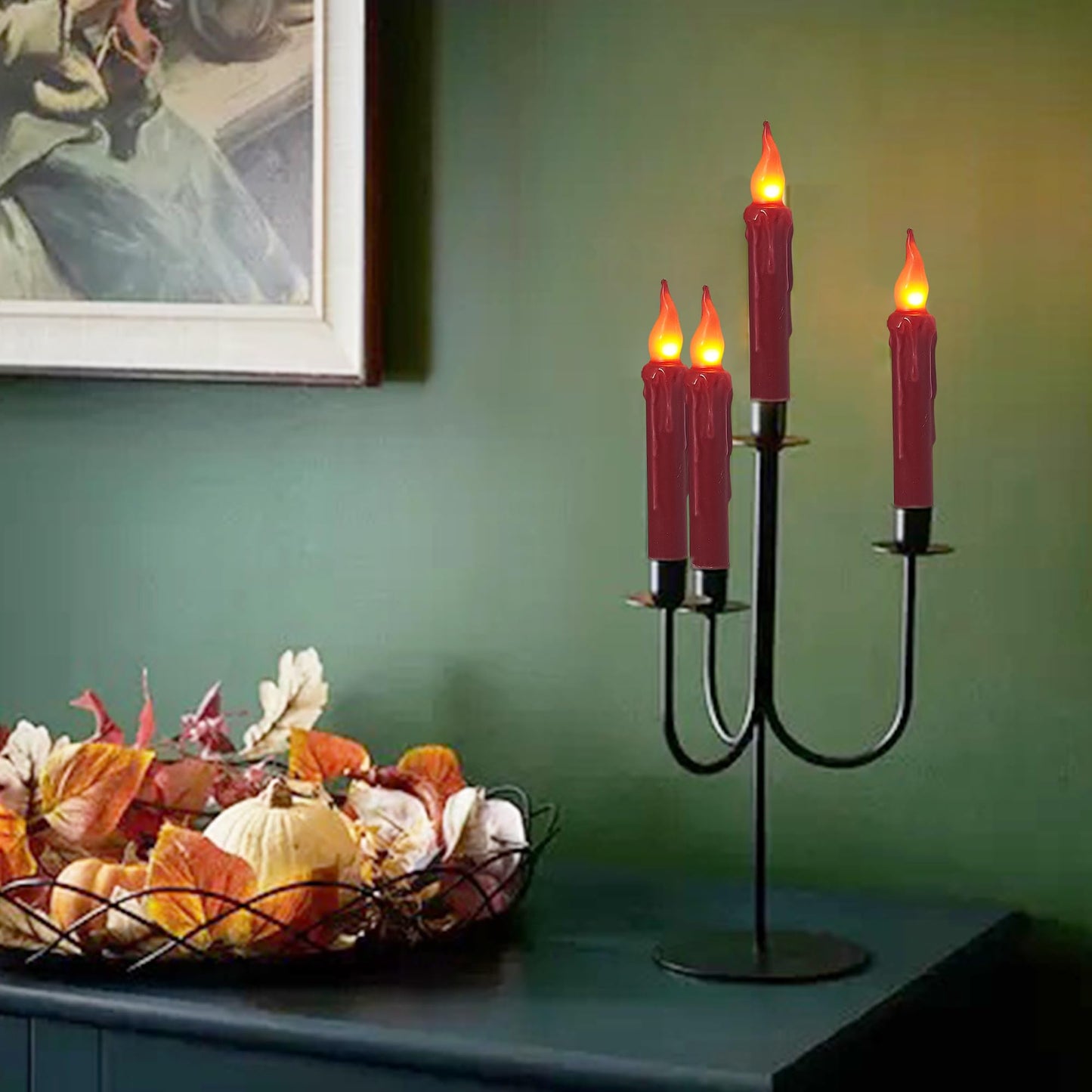 Burgundy Flameless Short Taper Candles, Real Wax Hand Dipped Dark Red LED Battery Operated with Remote, Flickering Flame Lights for Festival Home Décor, 6.7 Inch Primitive Flameless Candles, 4PCS