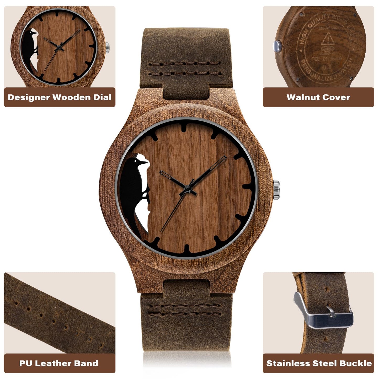 Timever Wooden Watches for Men Handmade Unique Design with Leather Strap, Analog Quartz Mens Watch, Gift for Men