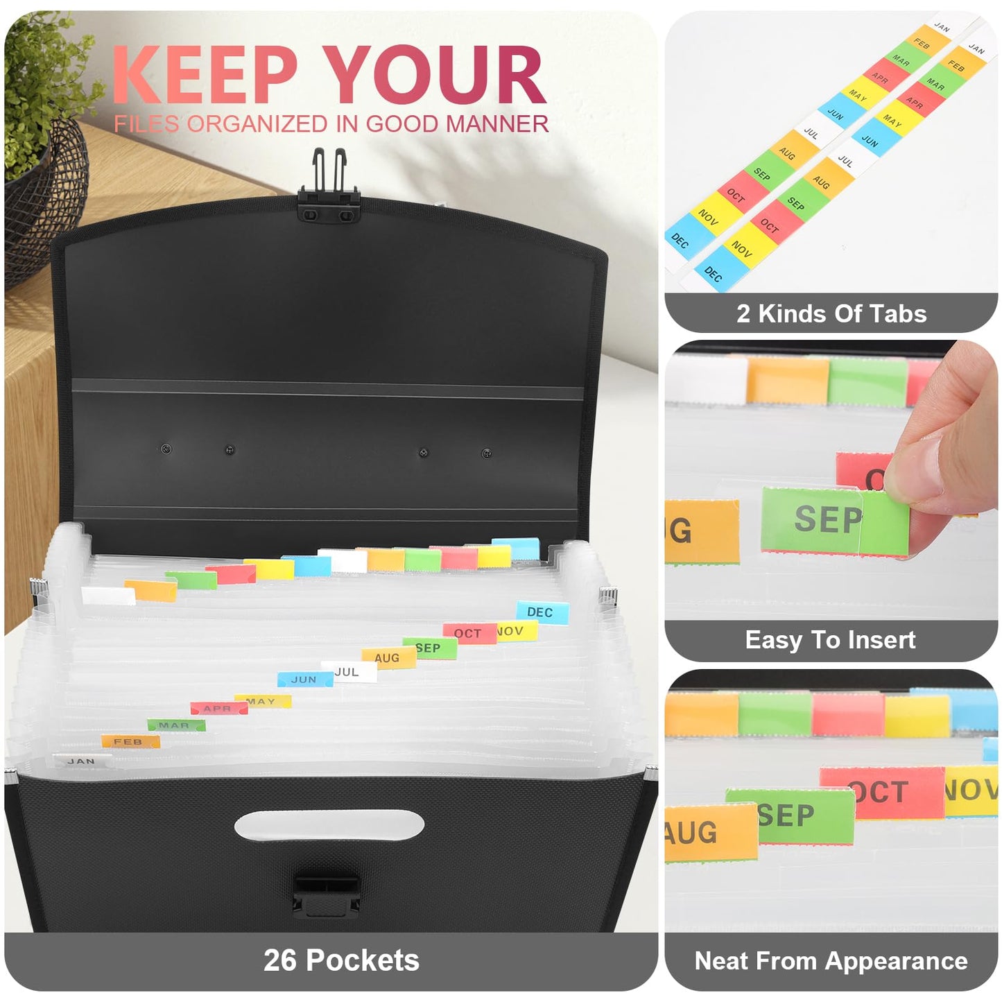 Uquelic 26 Pockets Expanding File Folder Organizer - Upgraded Durable Buckle, Accordion Folder Base with Ergonomic Portable Handle/Large A4 Letter Size Document Organizer, Folders with Pockets