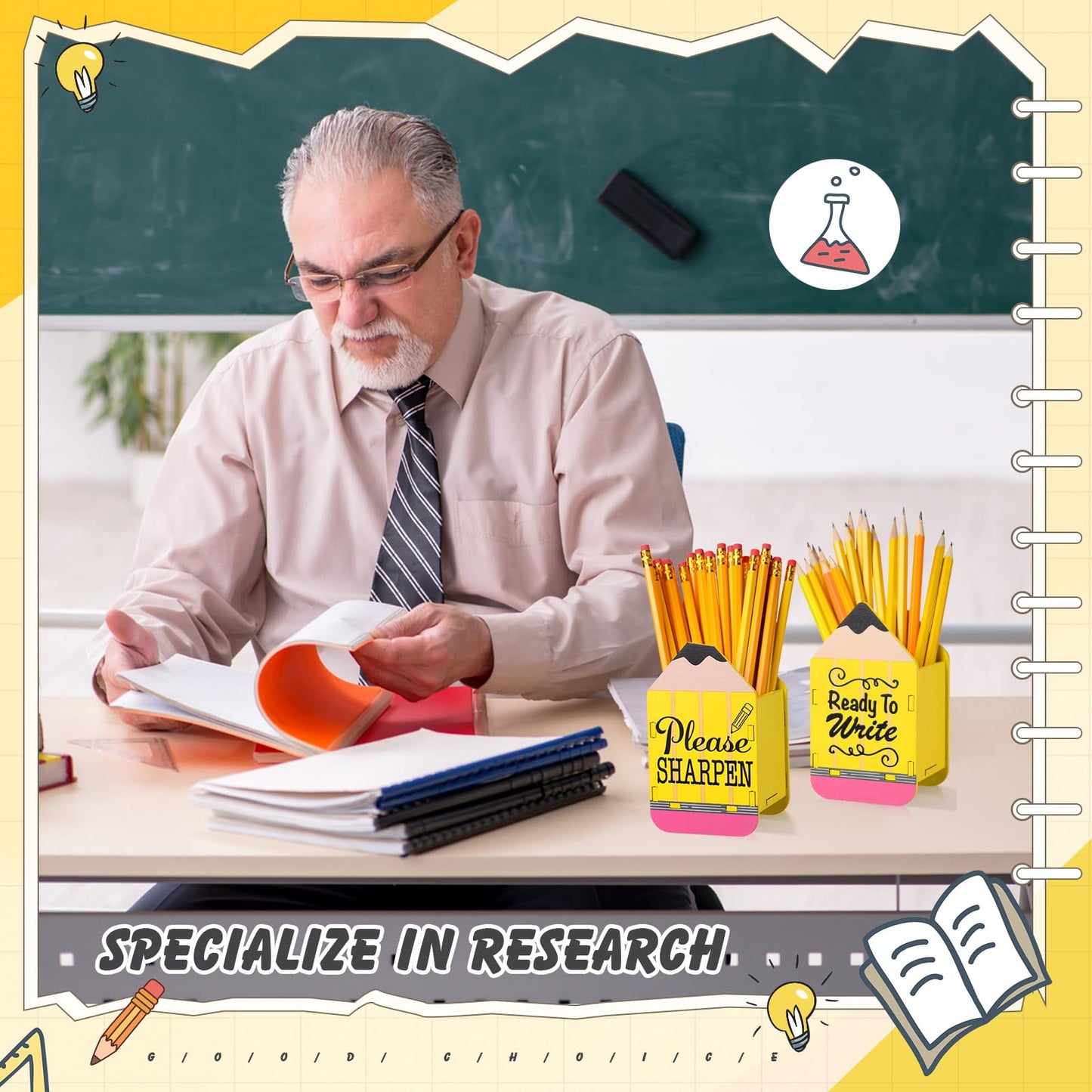 DoubleFill 2 Pcs Pencil Shaped Holder Sharp Dull Holder Wooden Dispenser Pencil Storage for Back to School Teachers Classroom Organization(Classic,Yellow)